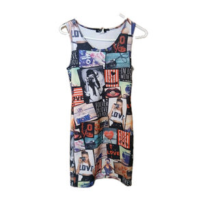 Women Love J Y2K Bodycon Silhouette Dress Cinched Graphic Polaroid SZ SM U.S.A